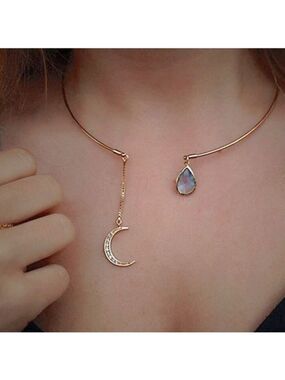 Gold Tone Blue Teardrop Crescent Moon Necklace Choker